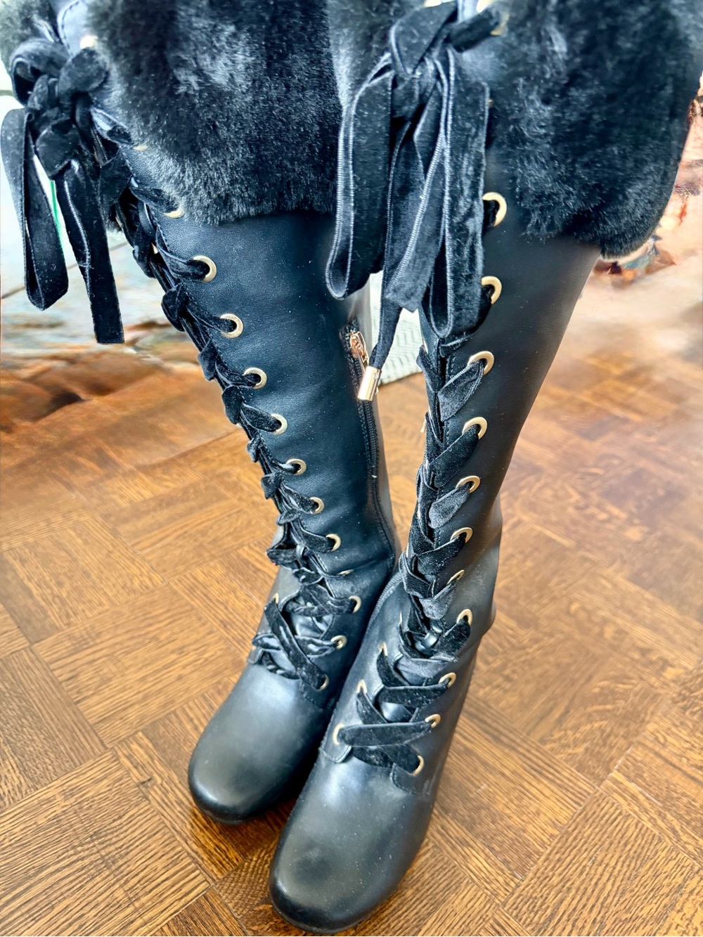 Women's Black Lace-Up Knee Boots with Faux Fur Trim